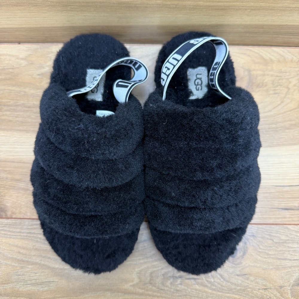 UGG Fluff Yeah Slingbacks Youth Big Girls Size 3 Black Shearling fur Slippers